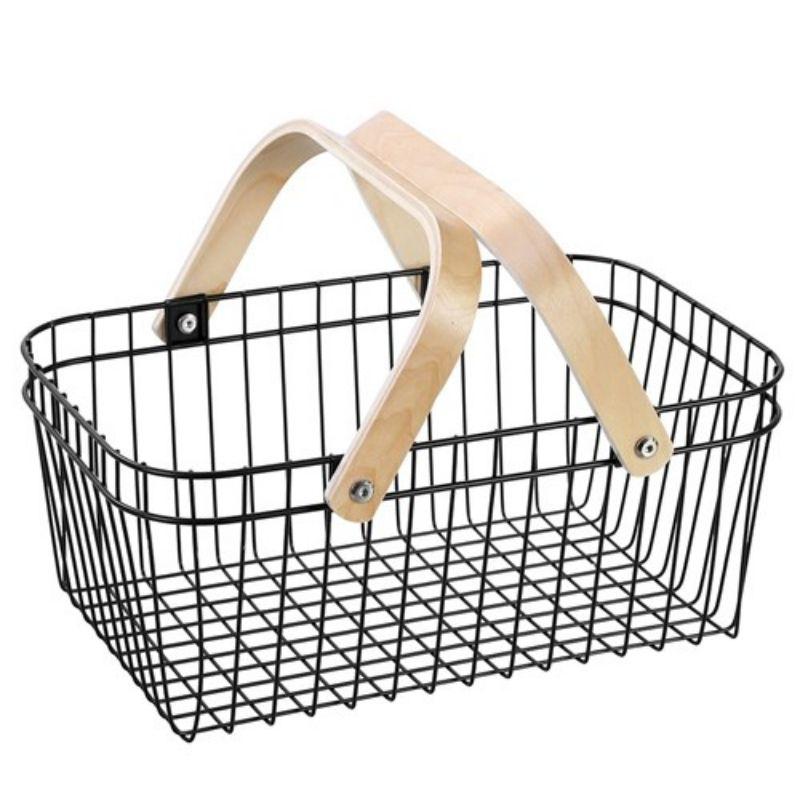 Black Wire Storage Basket with Birch Wood Handle - 39cm x 24cm x 16cm