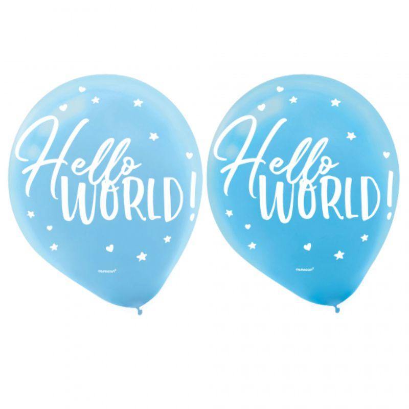 15 Pack Oh Baby Boy Hello World Latex Balloons - 30cm - The Base Warehouse