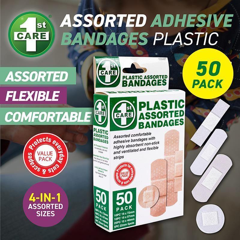 50 Pack Assorted Size Plastic Adhesive Bandage - The Base Warehouse