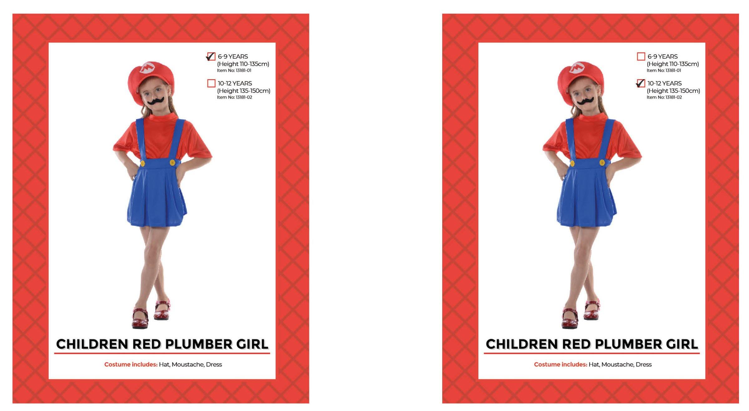 Kids Red Plumber Girl Costume - M (6-9 Years) - The Base Warehouse