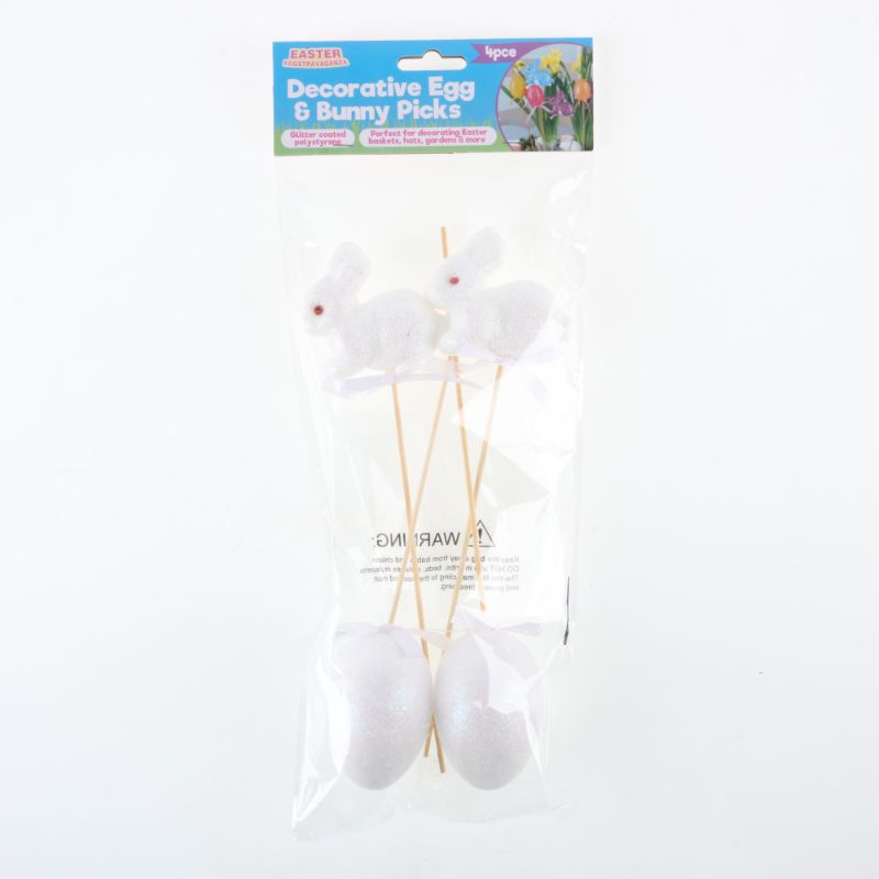 4 Pack Polystyrene Egg & Bunny On Pick with Glitter