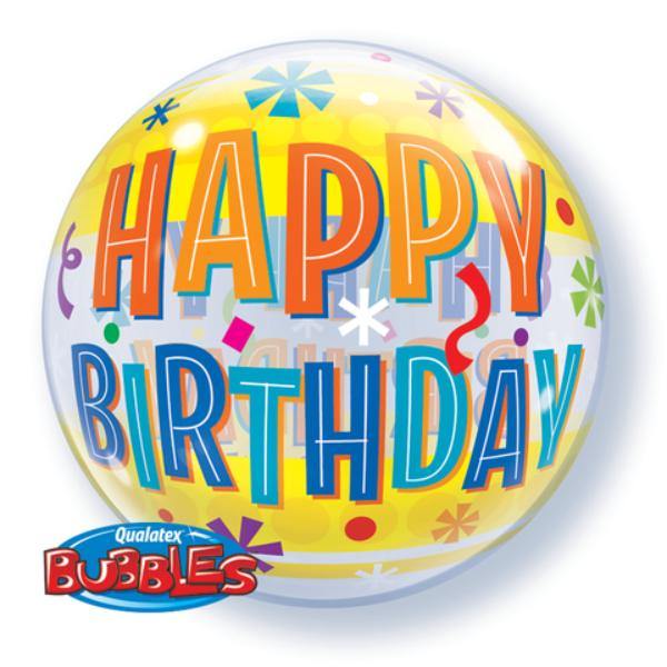 Happy Birthday Fun & Yellow Bands Bubble Balloon - 56cm - The Base Warehouse