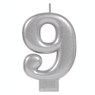 Metallic Silver Number 9 Candle - 8cm - The Base Warehouse