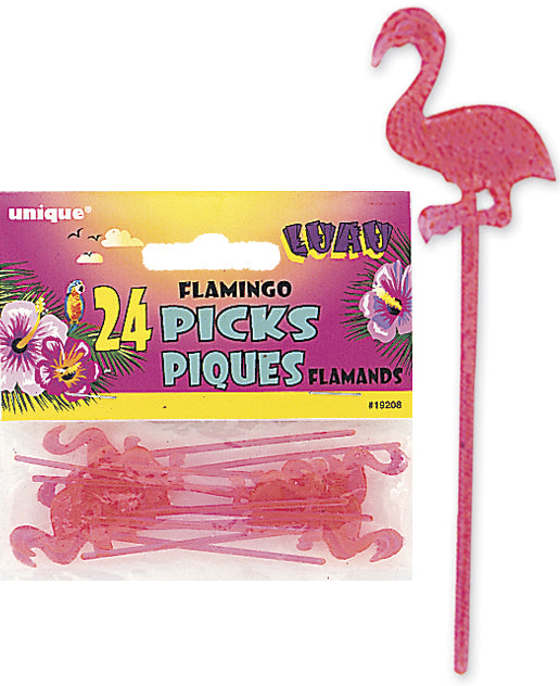 24 Pack Luau Flamingo Picks - 7.5cm