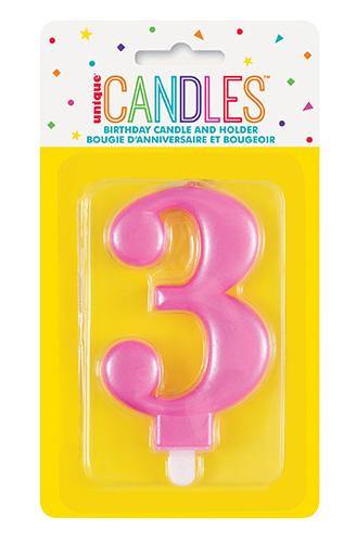 Metallic Pink Birthday Candle - #3 - The Base Warehouse