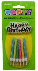12 Pack Assorted Colours Candles with Happy Birthday Cake Topper - The Base Warehouse