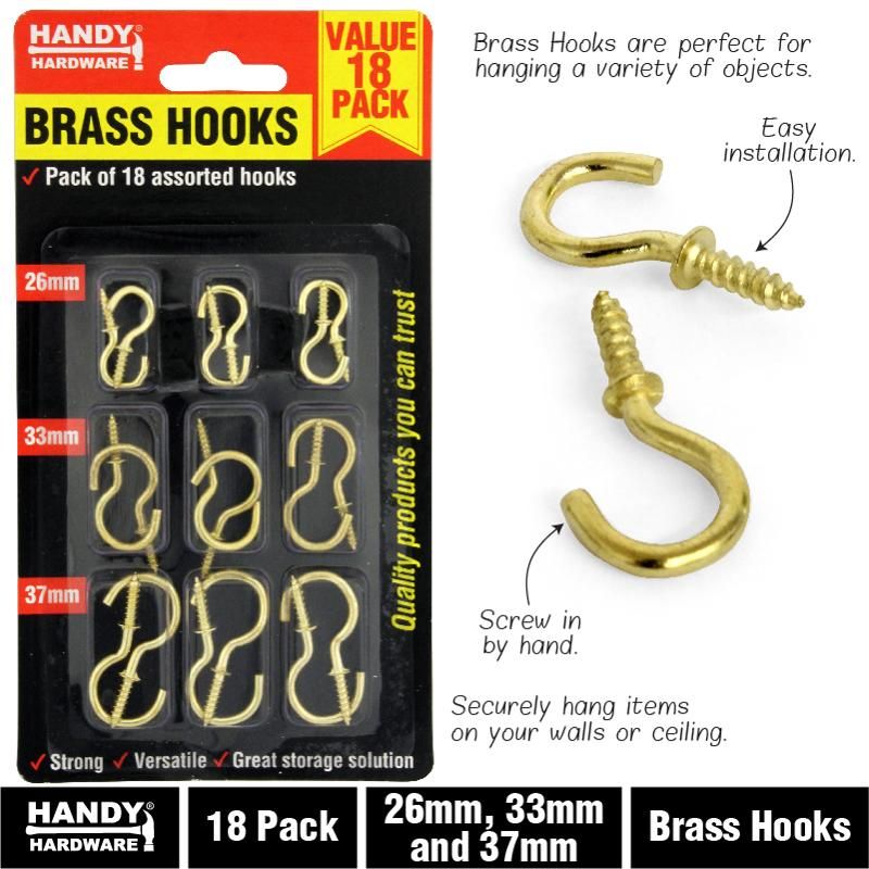 18 Pack Assorted Size Brass Hooks - 2.6cm, 3.3cm & 3.7cm