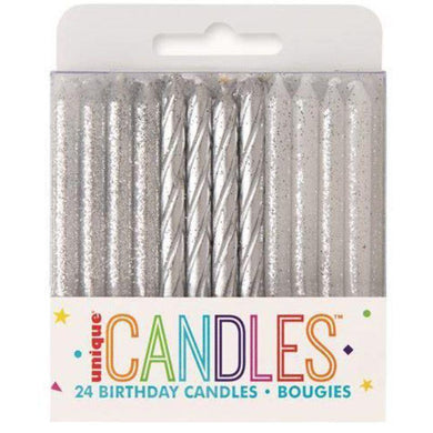 24 Pack Glitter Silver / Silver Spiral Candles - The Base Warehouse
