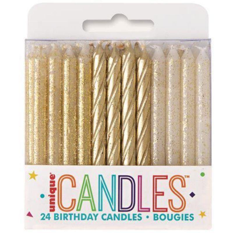 24 Pack Gold & Gold Glitter Spiral Candles - The Base Warehouse