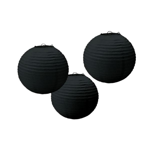 3 Pack Jet Black Round Paper Lanterns - 24cm