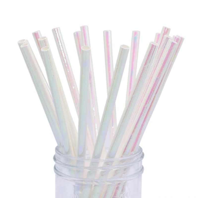 25 Pack Iridescent White Paper Straws - 0.6 x 19.7cm