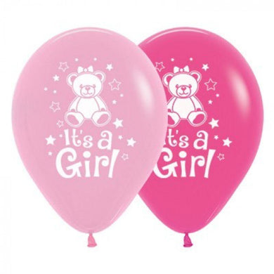 6 Pack It's A Girl Teddy Fashion Pink & Fuchsia Latex Balloons - 30cm - The Base Warehouse