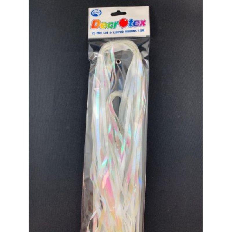 25 Pack Iridescent White Pre Cut and Clipped Curling Ribbon - 1.75m - The Base Warehouse