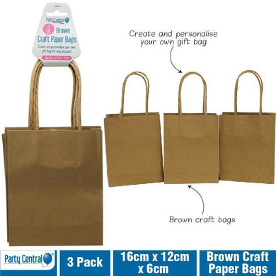 3 Pack Brown Craft Paper Bags - 16cm x 12cm x 6cm - The Base Warehouse