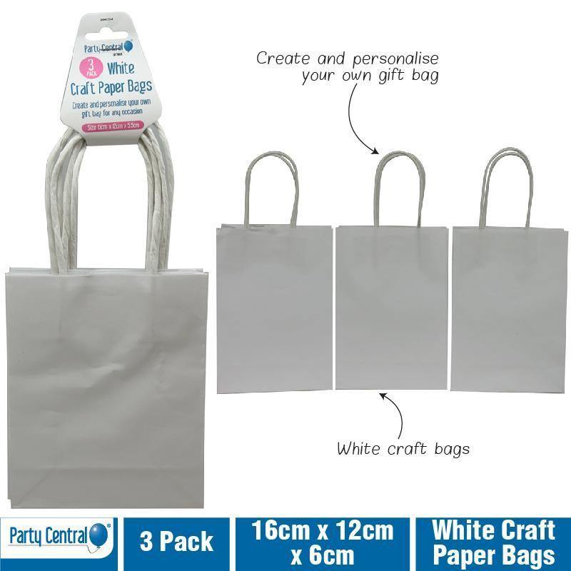 3 Pack White Craft Paper Bags - 16cm x 12cm x 6cm - The Base Warehouse