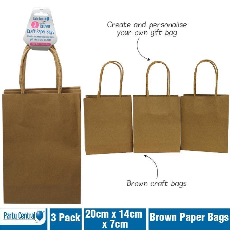3 Pack Brown Craft Paper Bags - 21cm x 15cm x 8cm - The Base Warehouse