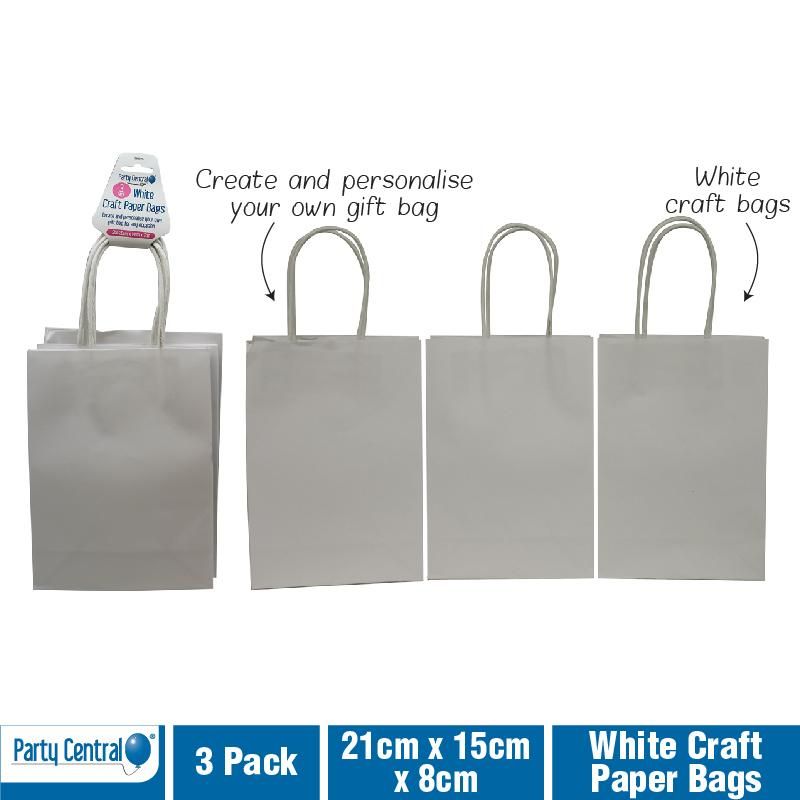 3 Pack White Craft Paper Bags - 21cm x 15cm x 8cm