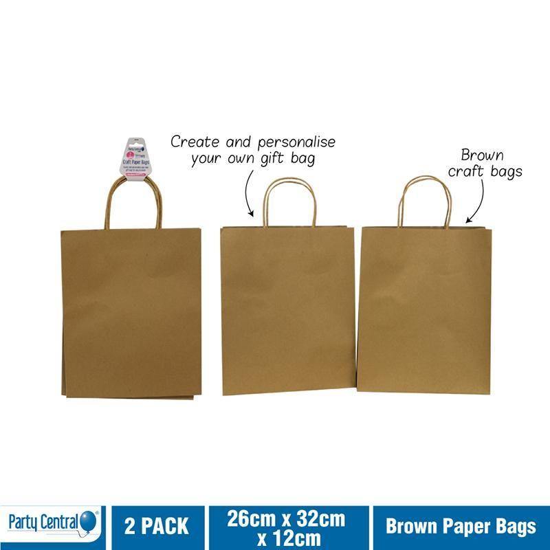 2 Pack Brown Craft Paper Bags - 25.4cm x 33cm x 12.7cm - The Base Warehouse