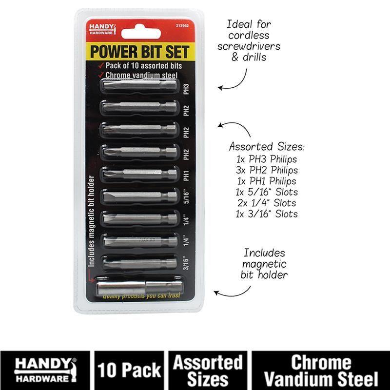10 Pack Chrome Vandium Steel Power Bit Set - The Base Warehouse