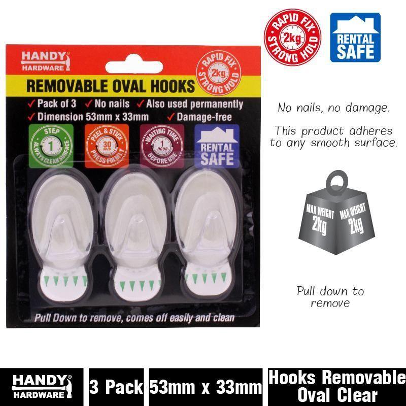 3 Pack Removable Clear Oval Hooks - 53mm x 33mm
