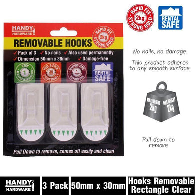 3 Pack Clear Removable Hooks - 5cm x 3cm - The Base Warehouse