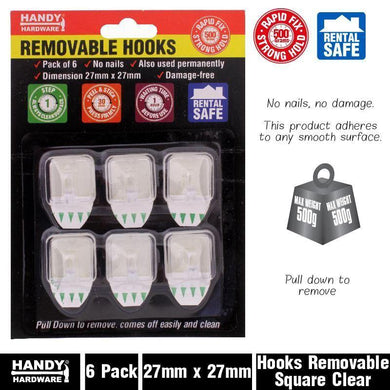 6 Pack Removable Clear Square Hooks - 27mm x 27mm - The Base Warehouse
