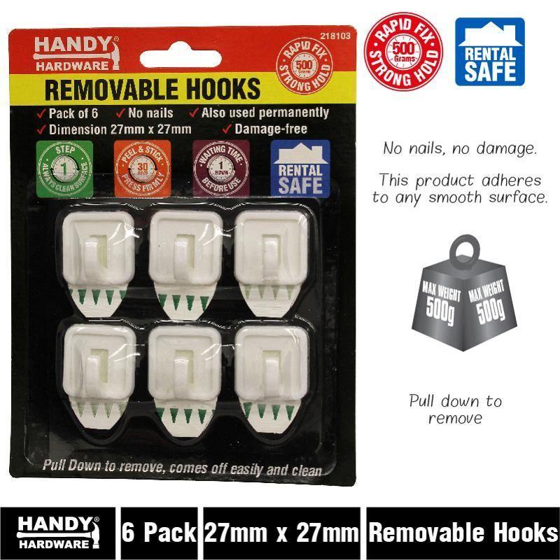 6 Pack Removable Square Hooks - 27mm x 27mm - The Base Warehouse