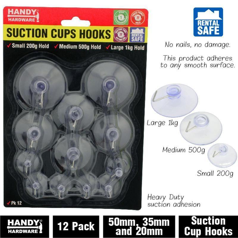 12 Pack Assorted Size Suction Cup Hooks - 2cm, 3.5cm & 5cm - The Base Warehouse