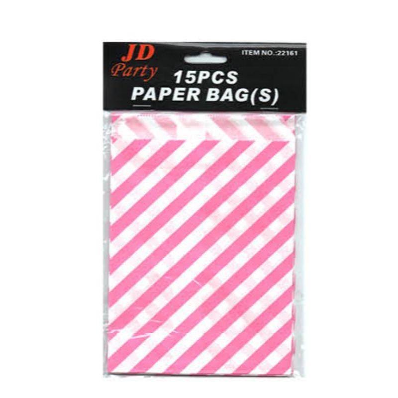 15 Pack Stripe Pink Paper Bag - Small - The Base Warehouse