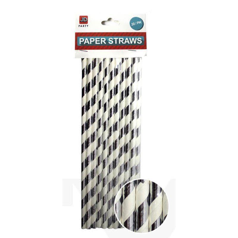 20 Pack Metallic Silver Stripe Paper Straws - The Base Warehouse