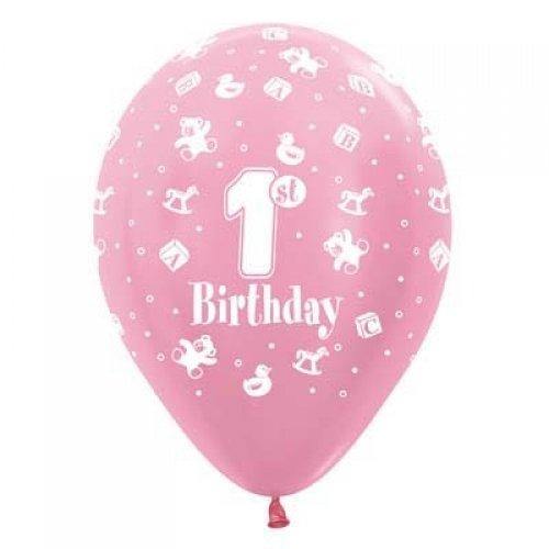1st Birthday Girl Latex Balloon - 30cm