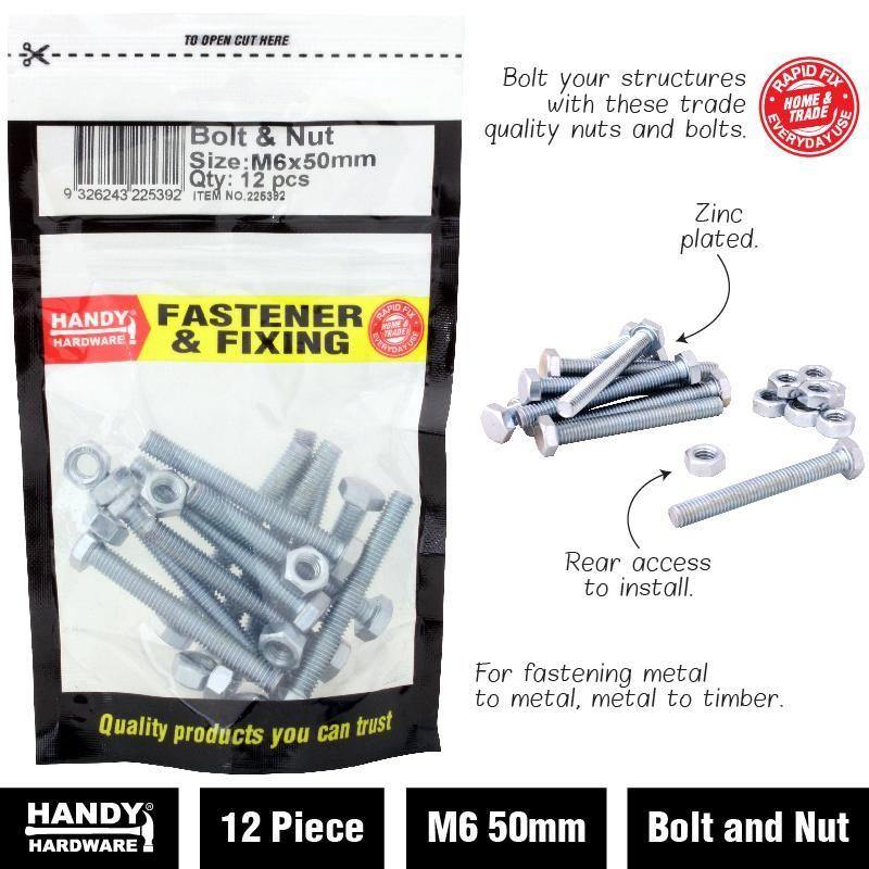 12 Pack Bag of M6 Bolt & Nut - 50mm - The Base Warehouse