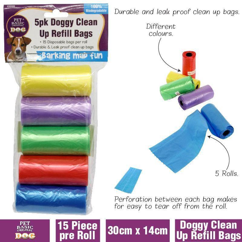 5 Pack Coloured Dog Clean Up Refill Bags - 15cm x 30cm - The Base Warehouse