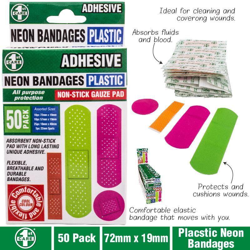 50 Pack Plastic Neon Bandages - 72mm x 19mm - The Base Warehouse