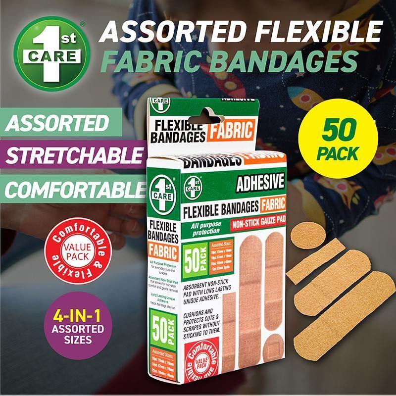 50 Pack Assorted Size Fabric Bandages - The Base Warehouse