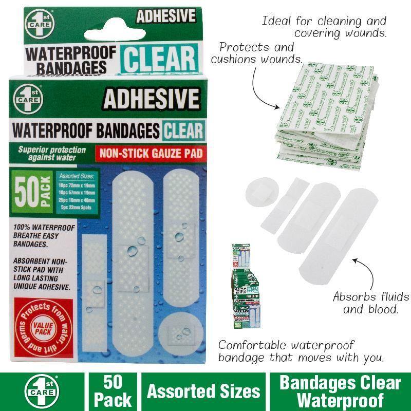 50 Pack Assorted Size Clear Waterproof Bandage