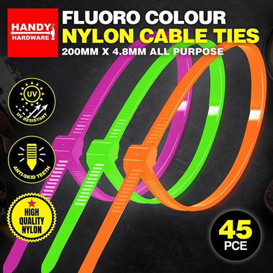 45 Pack Fluro Colour Nylon Cable Ties - 200mm x 4.8mm - The Base Warehouse