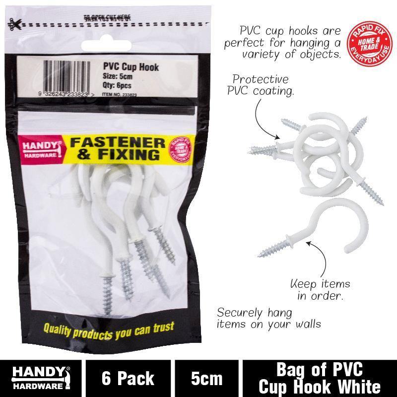 6 Pack PVC White Cup Hook - 5cm - The Base Warehouse