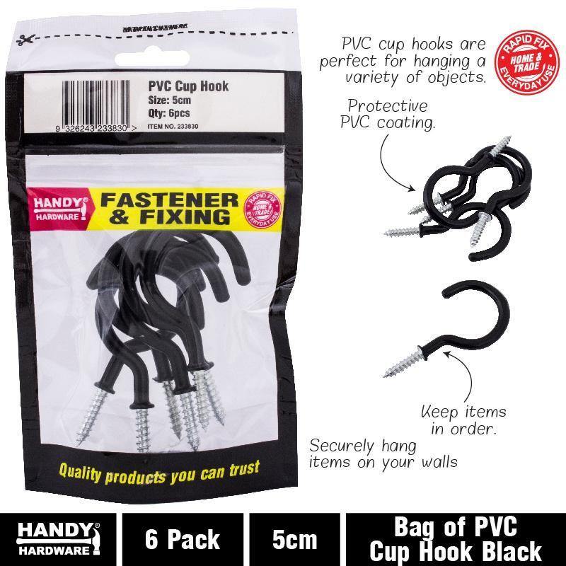 6 Pack PVC Black Cup Hook - 5cm - The Base Warehouse