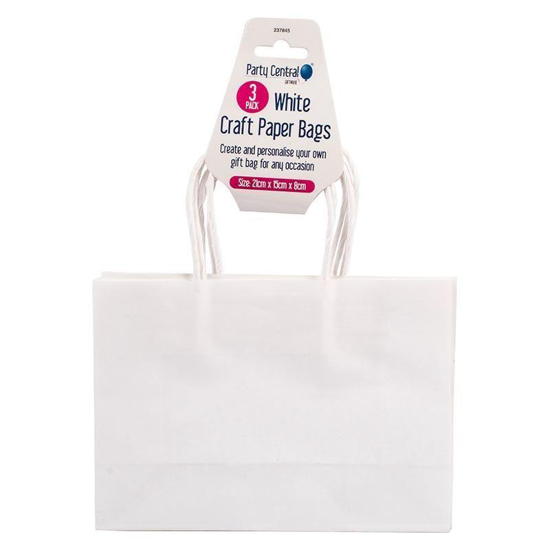 3 Pack White Horizontal Craft Paper Bags - 21cm x 15cm x 8cm - The Base Warehouse