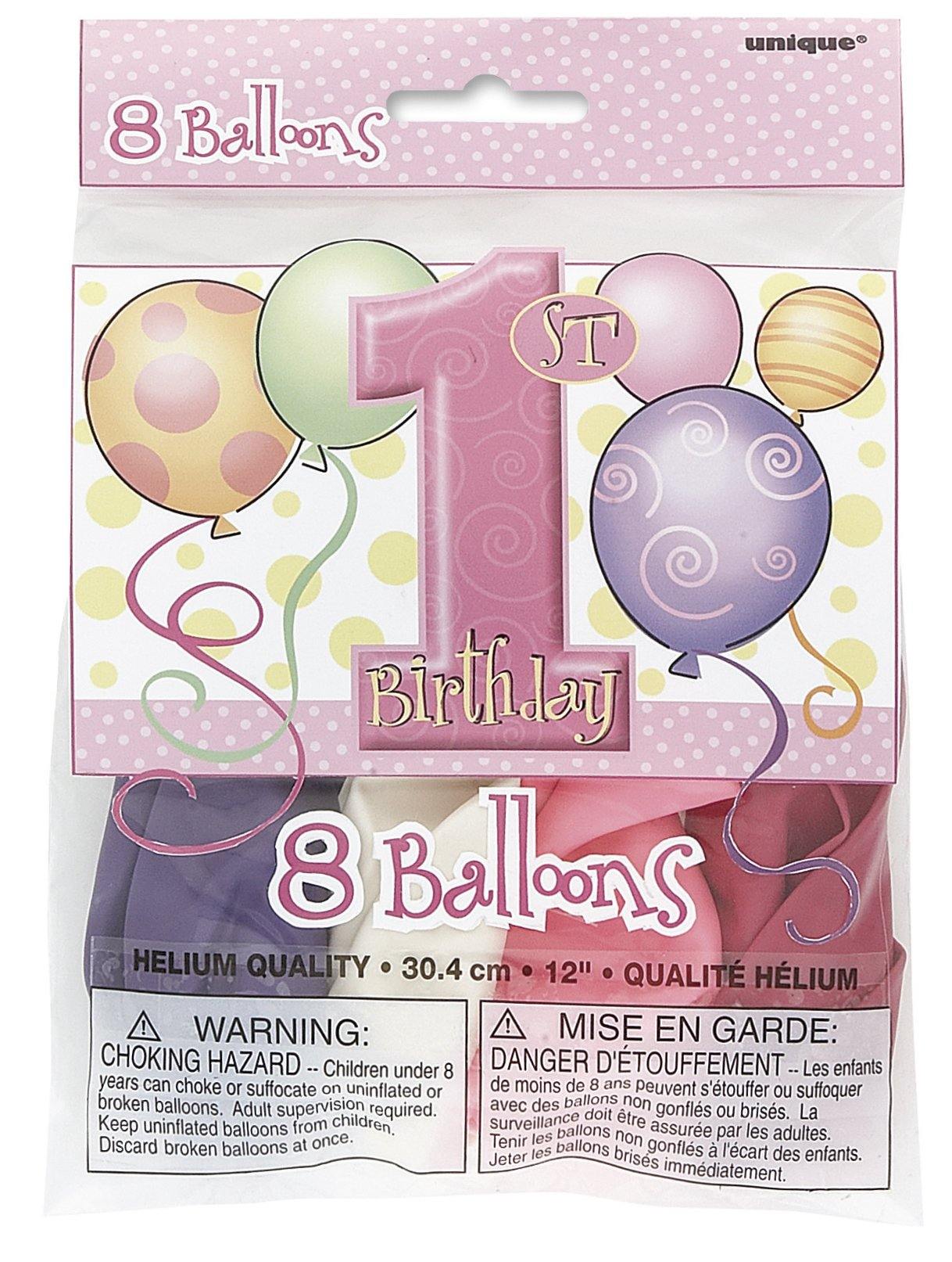 8 Pack Pink 1st Birthday Latex Balloons - 30cm