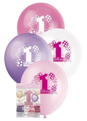 8 Pack Pink 1st Birthday Latex Balloons - 30cm