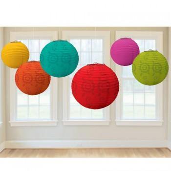 6 Pack Mexican Fiesta Colours Round Paper Lanterns - The Base Warehouse