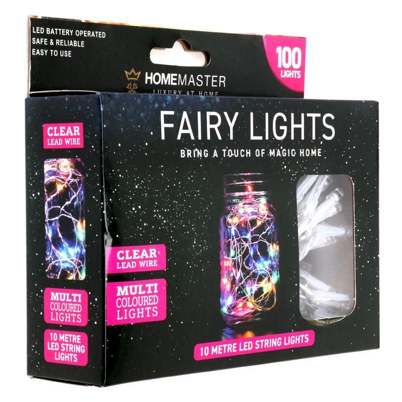 100 Multi-Colour Clear Wire Fairy Lights Battery Operated - 10m