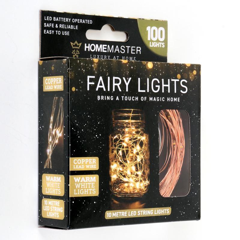100 Warm White Copper Wire Fairy Lights Battery Operated - 10m