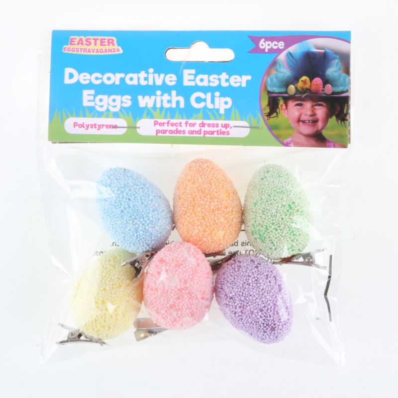 6 Pack Polystyrene Decorative Easter Eggs with Clip - 5cm x 3.5cm