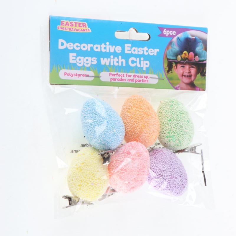 6 Pack Polystyrene Decorative Easter Eggs with Clip - 5cm x 3.5cm