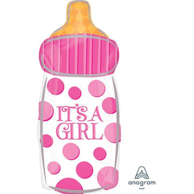 Pink Baby Bottle Its a Girl Foil Balloon - 25cm x 58cm - The Base Warehouse