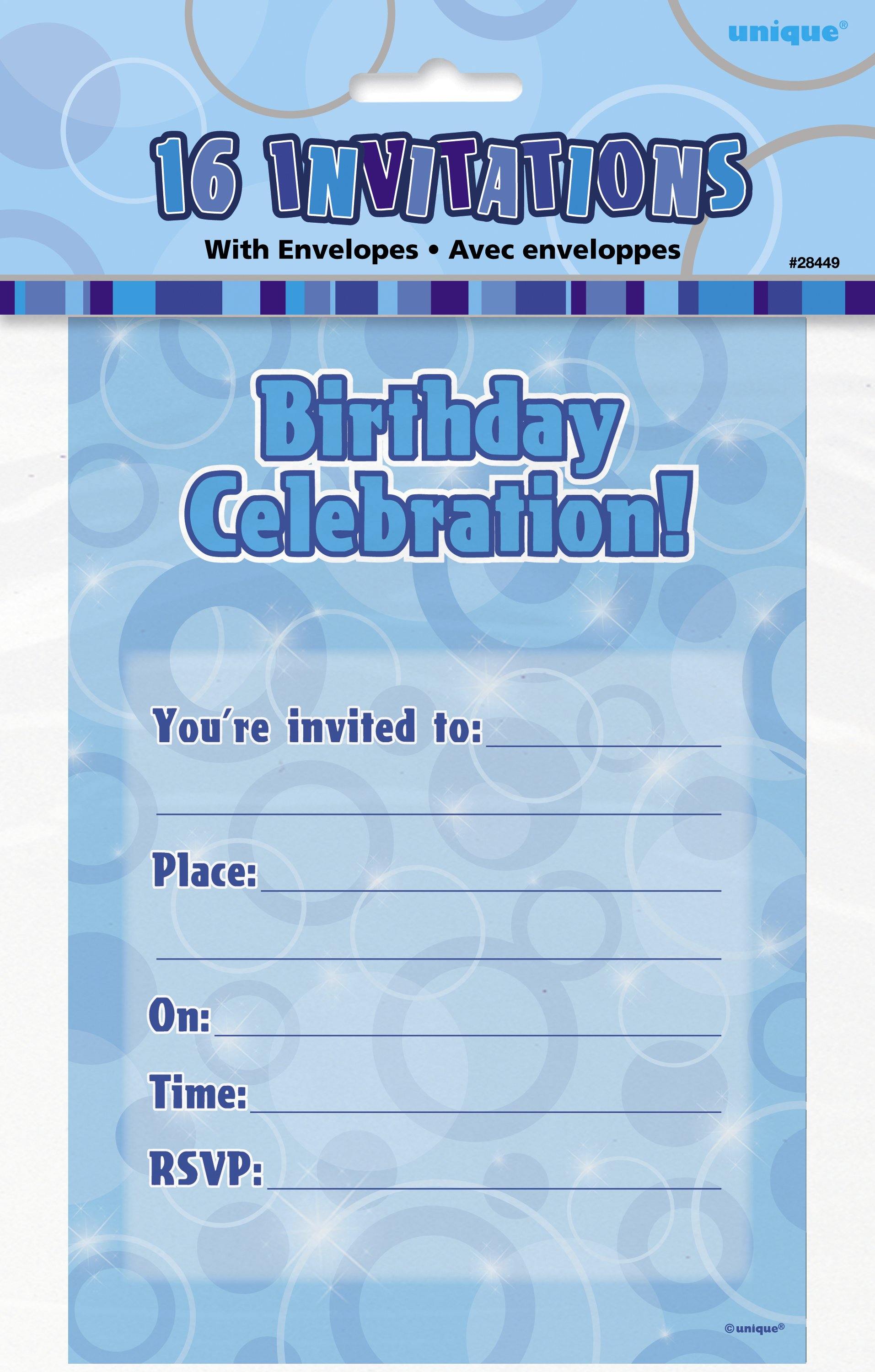 16 Pack Glitz Blue Birthday Celebration! Invitations - The Base Warehouse