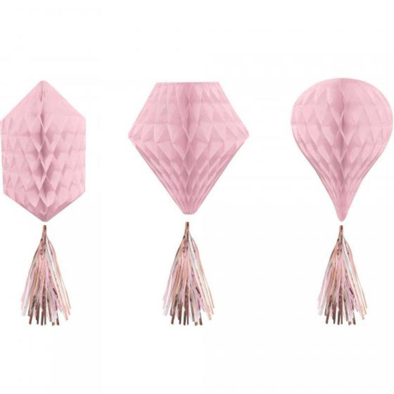 3 Pack Rose Gold Mini Hanging Honeycomb Decoration with Foil Tassels - 30cm - The Base Warehouse